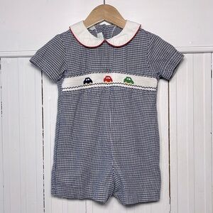 VIVE LE FETE EUC Boys Smocked Car Gingham Peter Pan Collar Romper